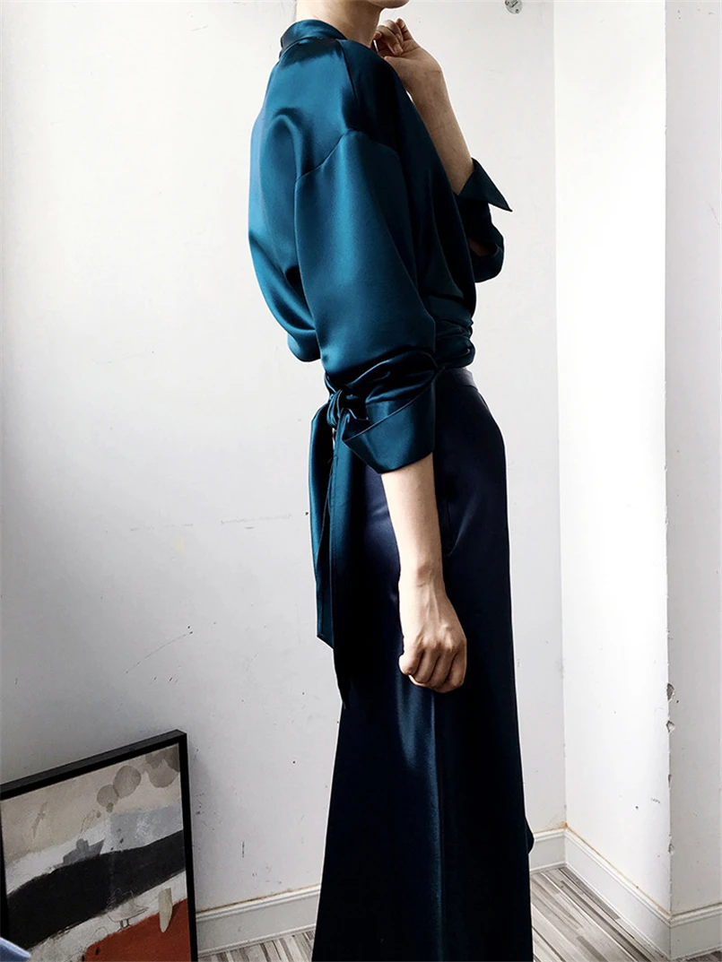 Cetim manga longa blusa elegante cruz torção novo design camisa feminina outono 2026 feminino elegante senhoras topos blusas de alta qualidade