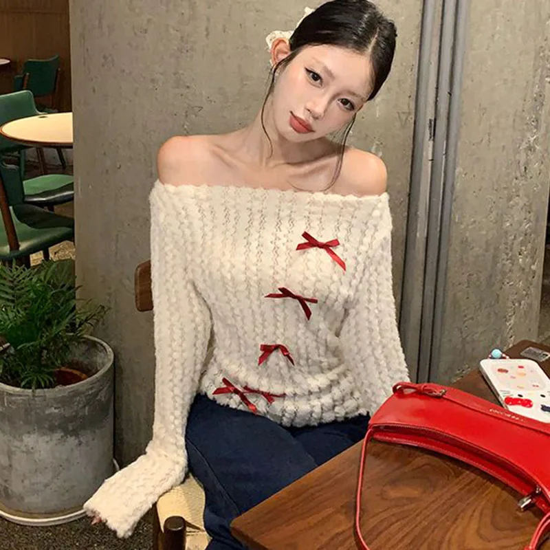 Y2K Skew Collar Off Shoulder Knitted Pullover Women Korean Fashion Long Sleeve Slim Tops Autumn Chic New Jumpers Female