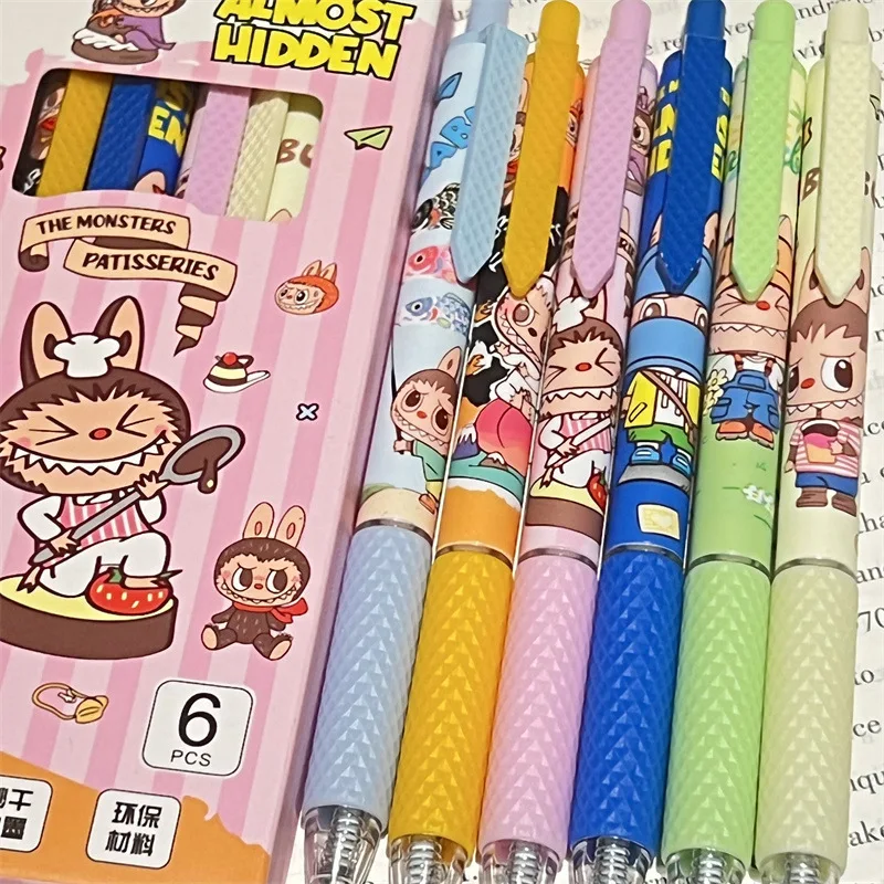 6Pcs/Set Kawaii Labubu The Monsters Gel Pens Set Cute 0. 5mm Black Pen Cartoon School Student Stationery Supplies Gifts