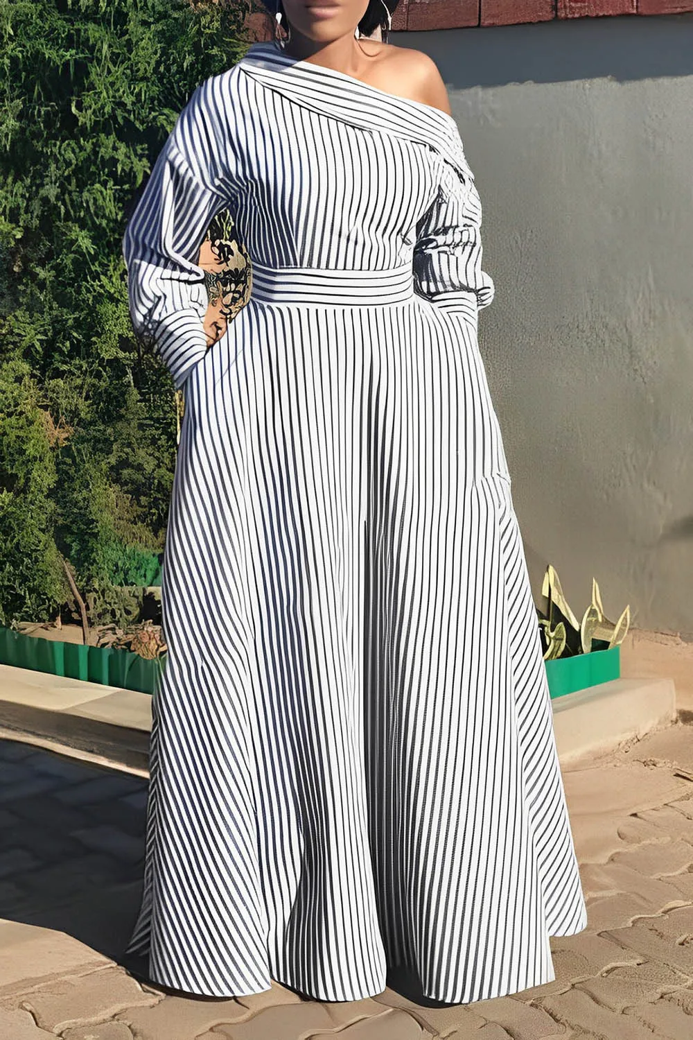 Plus Size Casual Dress Bule Stripe Oblique Collar Maxi Dress With Pocket