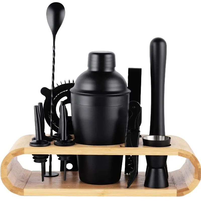 

Bamboo Stand Cocktail Shaker Set - Spray Painted Stainless Steel Tools with Ice Crusher