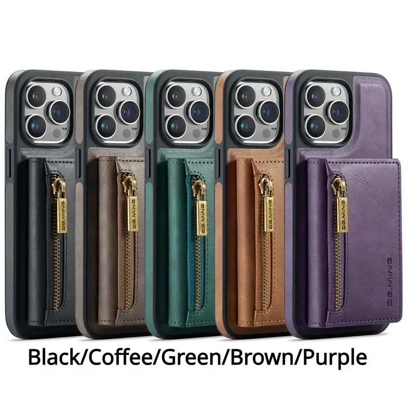 Detachable Magnetic Leather Case for IPhone 16 15 14 13 12 11 Pro Max Plus Zipper Card Slot Wallet Pocket Holder Phone Cover