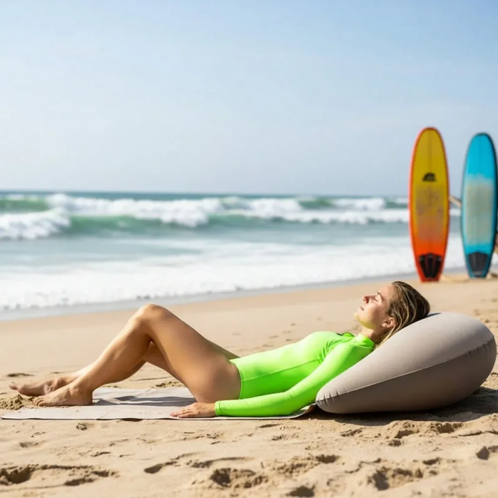

Mat With Inflatable Headrest Portable Reclining Flocked Beach Blanket For Relaxing And Sunbath