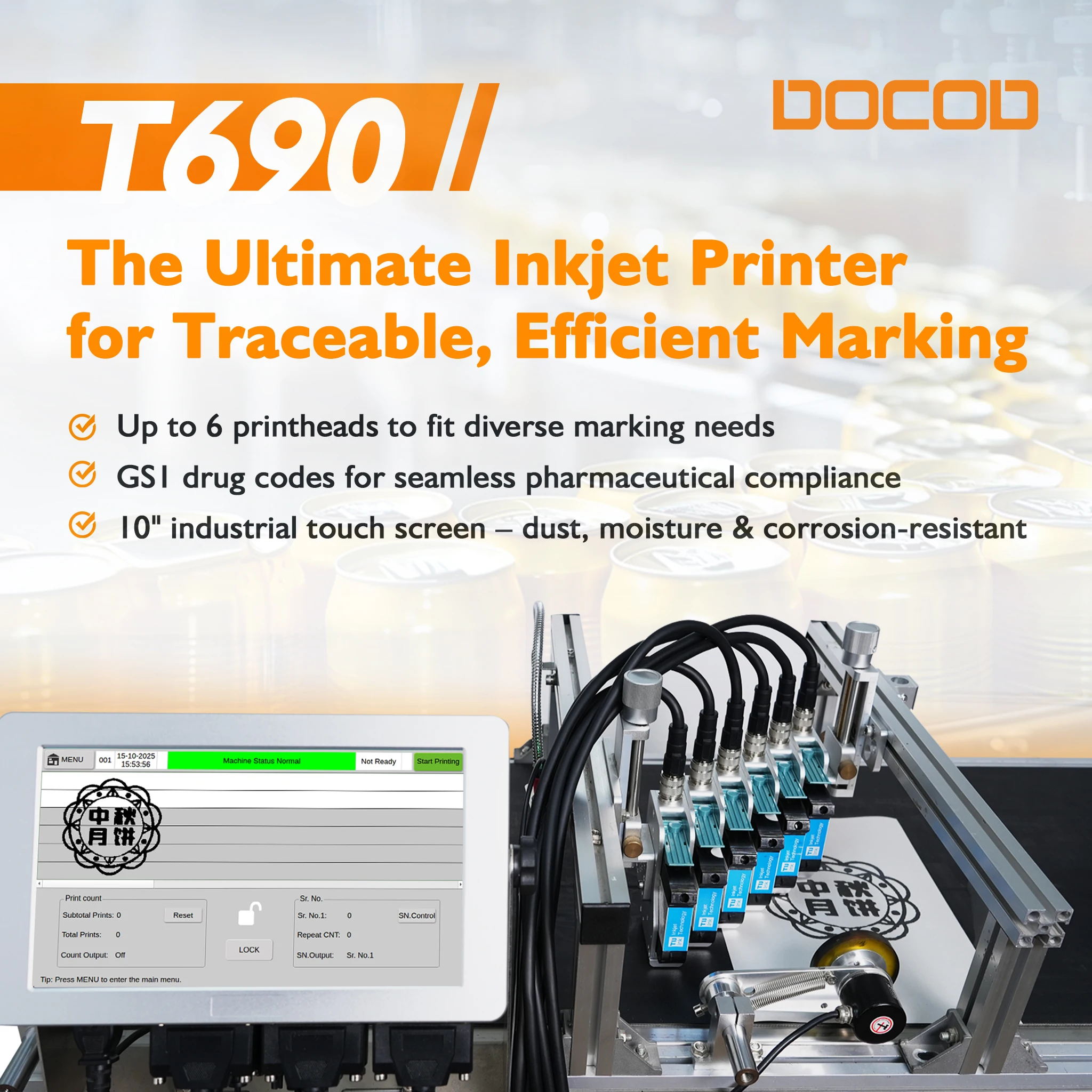 DOCOD T690-6 TIJ Thermal Inkjet Printer Anti-Counterfeiting Traceability Variable Database Coding Machine for Cosmetics Beverage