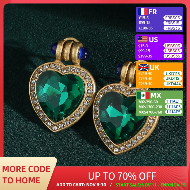 

Vintage Stud Emerald Green Crystal Heart Earrings Luxury Designer Woman Rhinestones Antique Gold Color High Quality Jewelry 2025