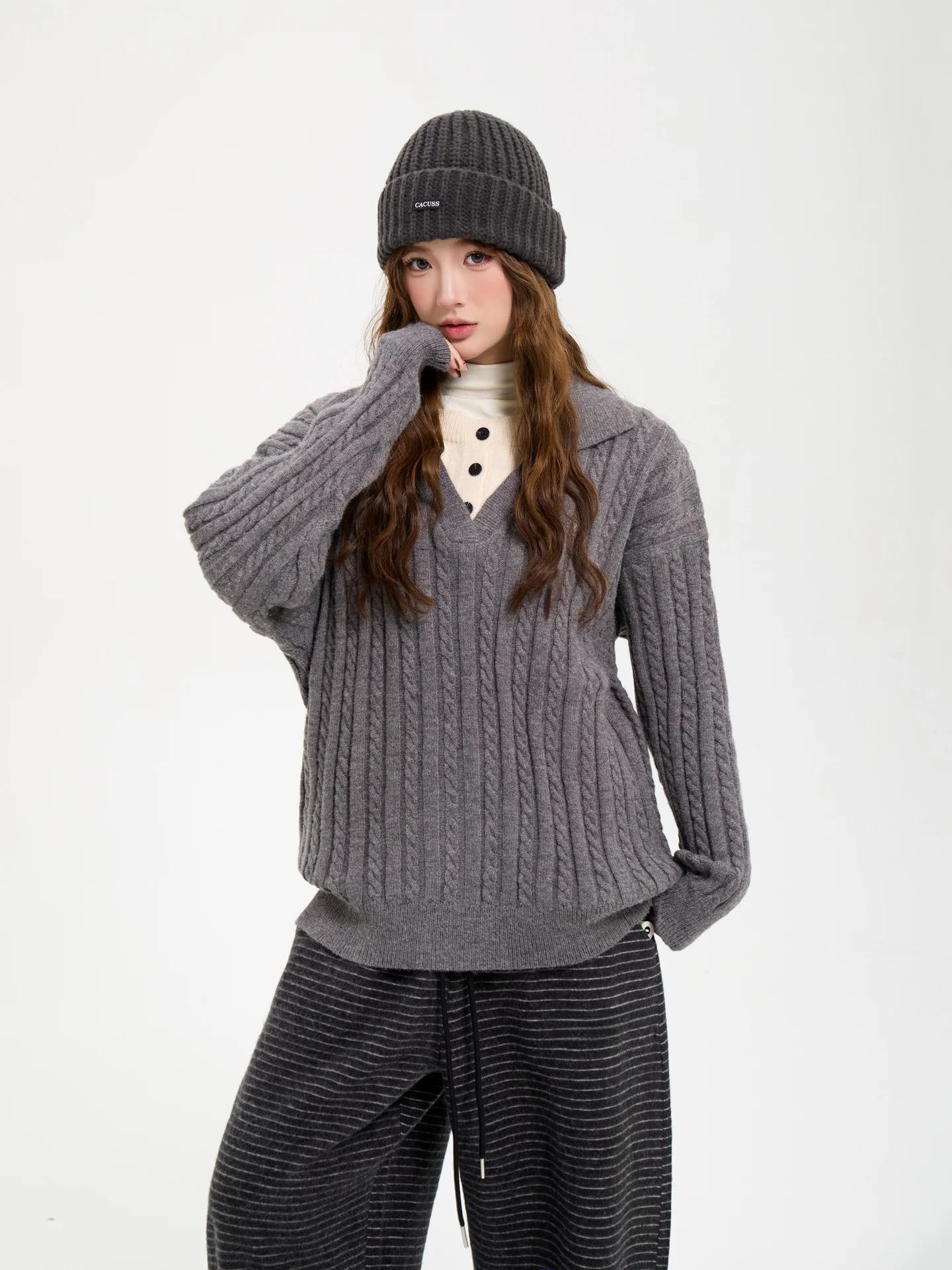 

7KEEWEN Autumn Winter American Retro Color Blo Knitted Sweater Simple Turn Collar Long Sve Thermal Street Sle Women's Top