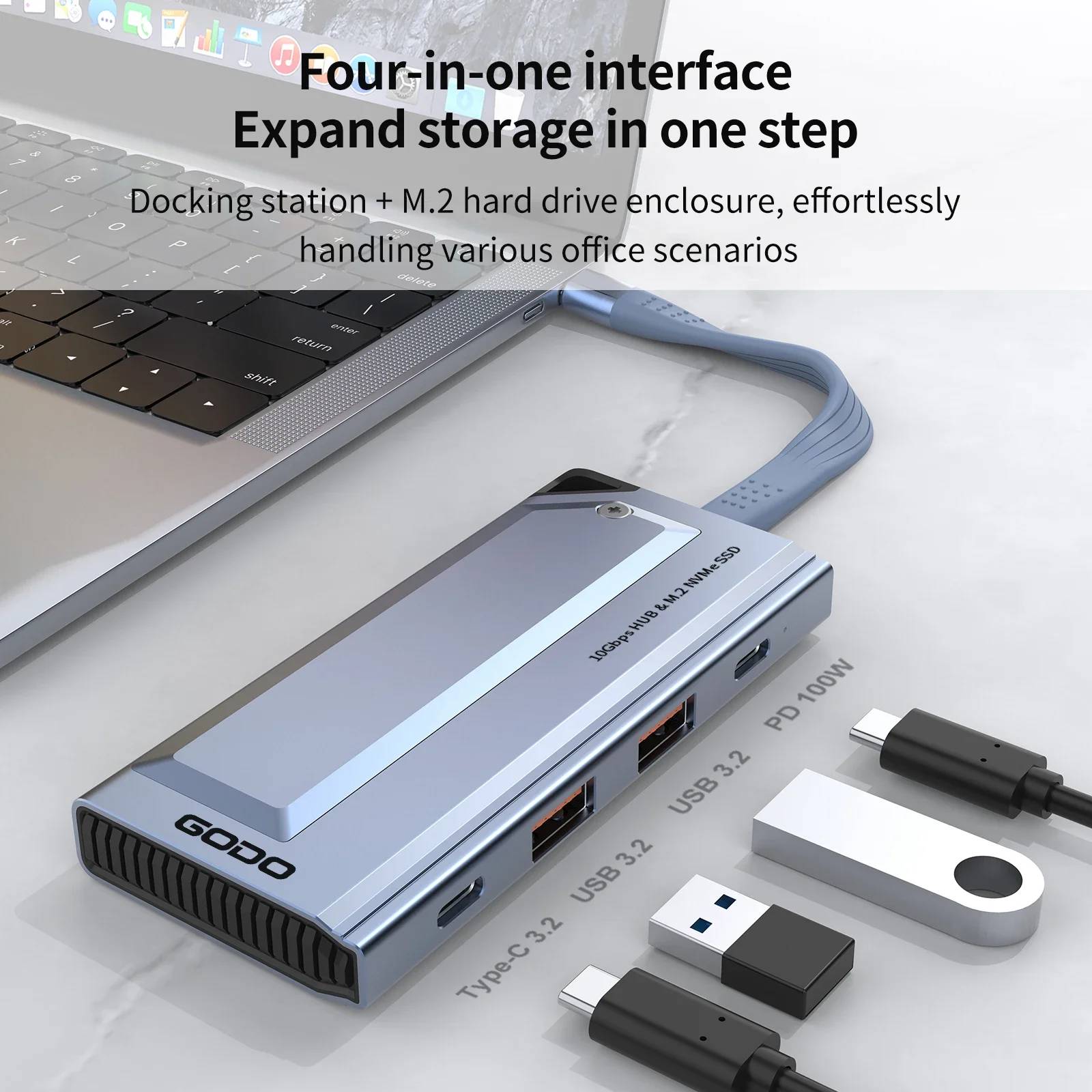 GODO M.2 NVMe SDD Hard Drive Enclosure USB3.2 Gen 2 10Gbps PD 100W Splitter 4 in 1 Adapter USB Extension for MacBook Laptop