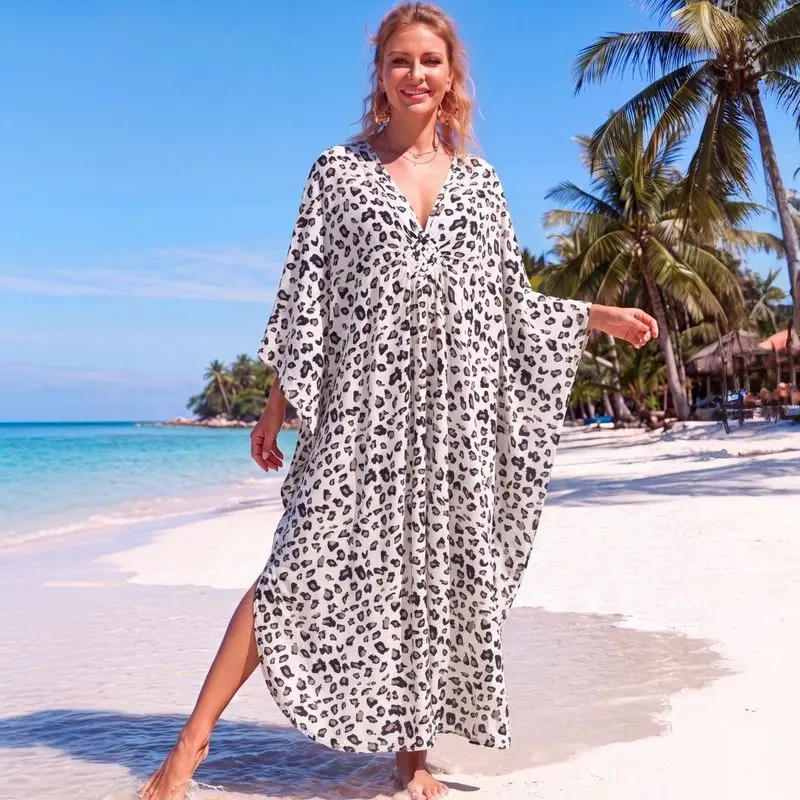 Women Leopard Print Beach Cover Up Kaftan Loose Sun Protection Robe Bikini Wrap Dress For Vacation Holiday Resort Wear