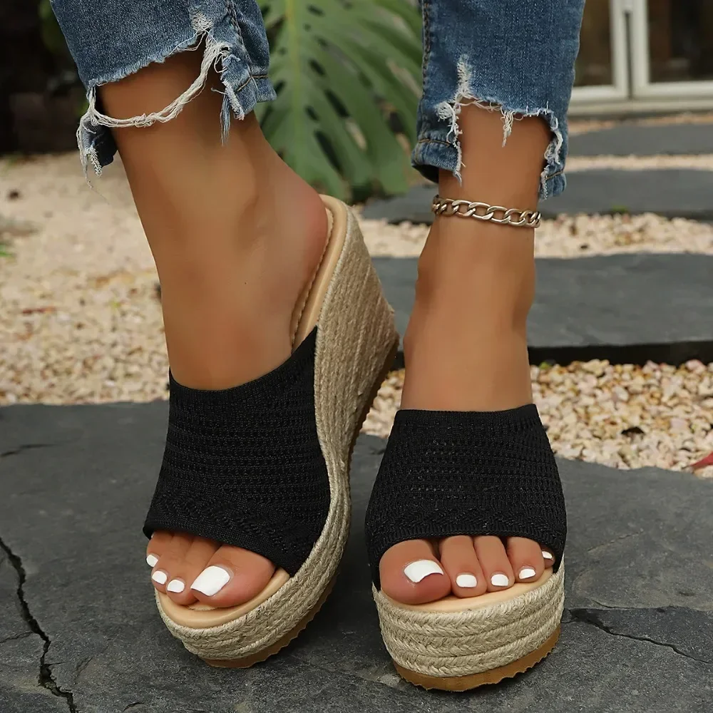 Sandalias de cuña tipo espadrille para mujer, con punta abierta, plataforma tejida, ideales para el verano, hechas de yute, con tacón alto, fáciles de poner, perfectas para la playa.