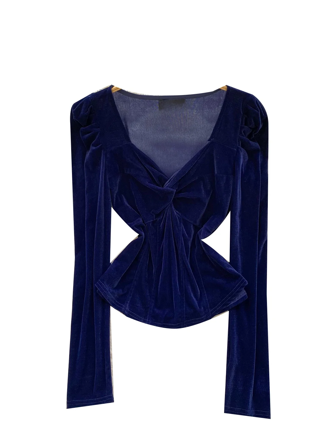 Ele Velvet irt Donna Lungo Sve V-Ne Nodo Dimagrante Strato base versatile Top francese Sle Fibra di poliestere Regular S...