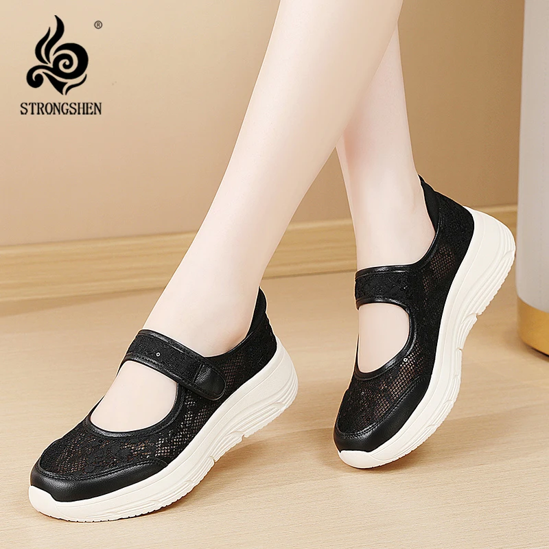 

Women's Mesh Breathable Mom Shoes Thick Sole Anti-slip Casual Hollow out Loafers With Magic Tape Strap