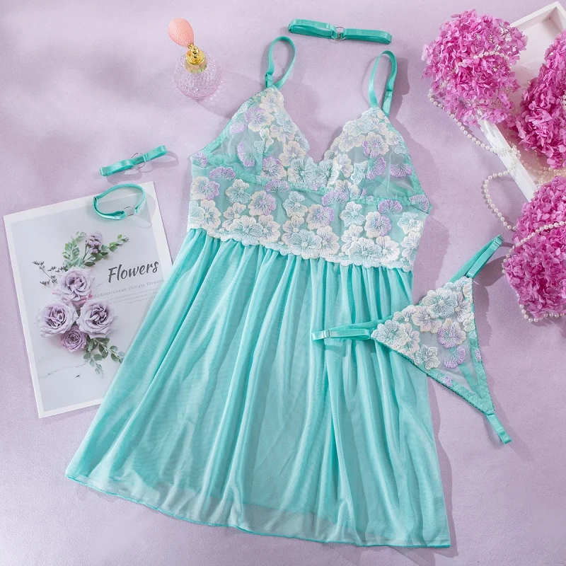 

Sexy Lingerie Nightdress Embroidered Mesh Stitching Sexy Band Bandana Hands Four-Piece Bikini Bra