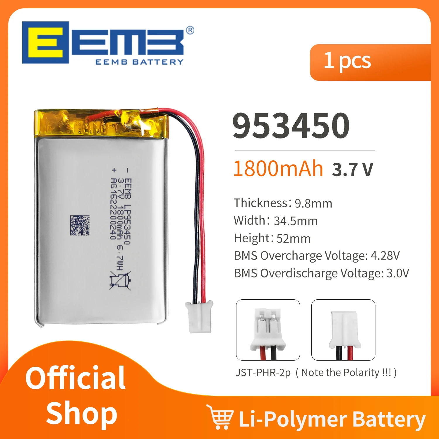 

EEMB 953450 3.7V Battery 510mAh Rechargeable Lithium Polymer Battery Pack For Dashcam,Flashlight,Bluetooth Speaker, GPS,Camera