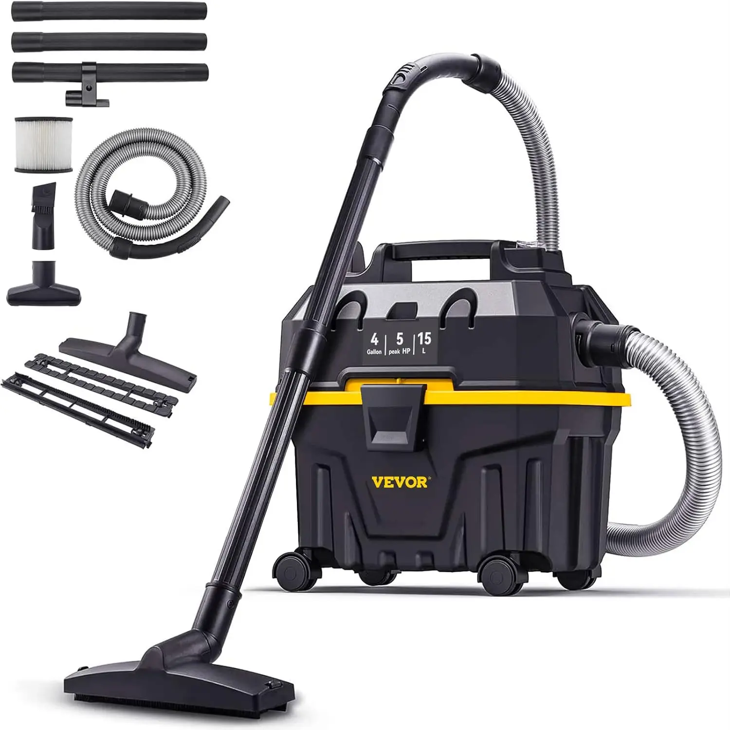 Wet Dry Vac, 4 Gallon, 5 Peak HP, 3 in 1 Shop Vacuum Portable Attachments to Clean Floor, Upholstery, Gap, Car, ETL Listed