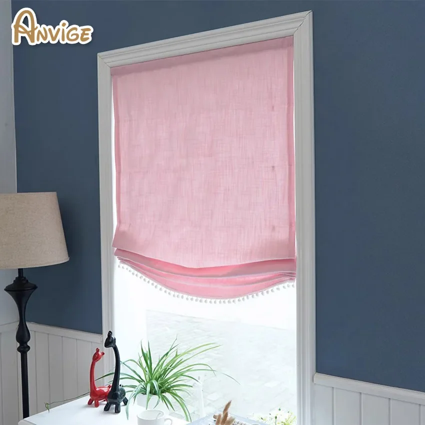 Modern Motorized Cotton Linen Pink Color Relaxed Roman Shades Customized Roman Blinds With Installation Included