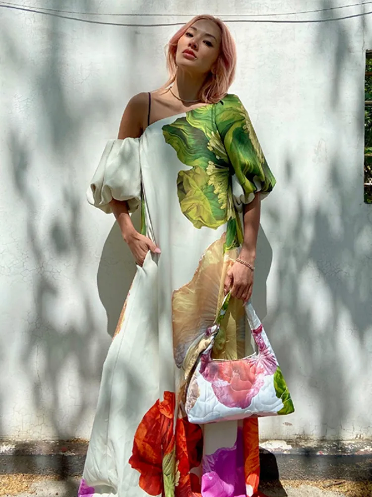 

BKLD 2025 Spring/Summer New Oblique Shoulder Fashion Printed Dress Y2k Clothes Women Leisure Vacation Outfits Loose Dress Party