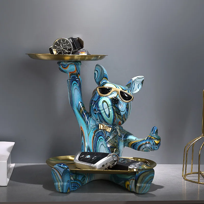 Colorful Marble Print French Bulldog Figurine With Two Metal Trays Lucky Chinese Style Key Storage Holder Entryway Tabletop Home