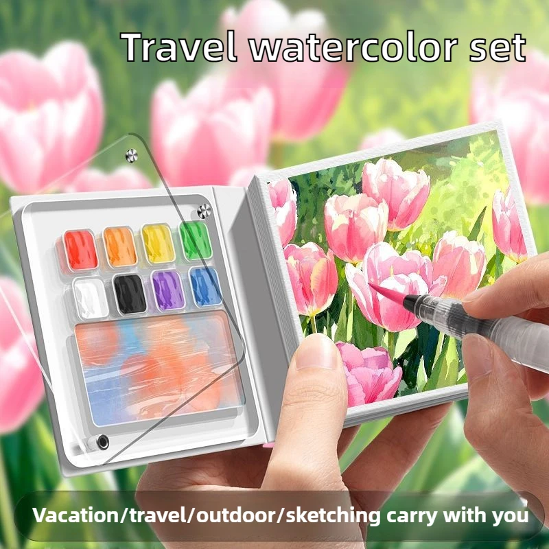 صينية صغيرة محمولة 50 ورقة كراسة رسم بألوان مائية متوسطة السمكة مع لوحة صينية طلاء أدوات مكتبية للوازم الفنية المدرسية