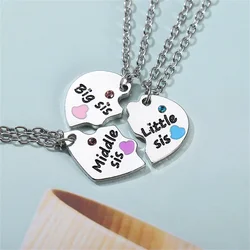 3Pcs Big Mid Lil Sister Pendant Necklace for Women Hollow Heart Puzzle Sis Friend Pendant Family Jewelry Accessories Gifts