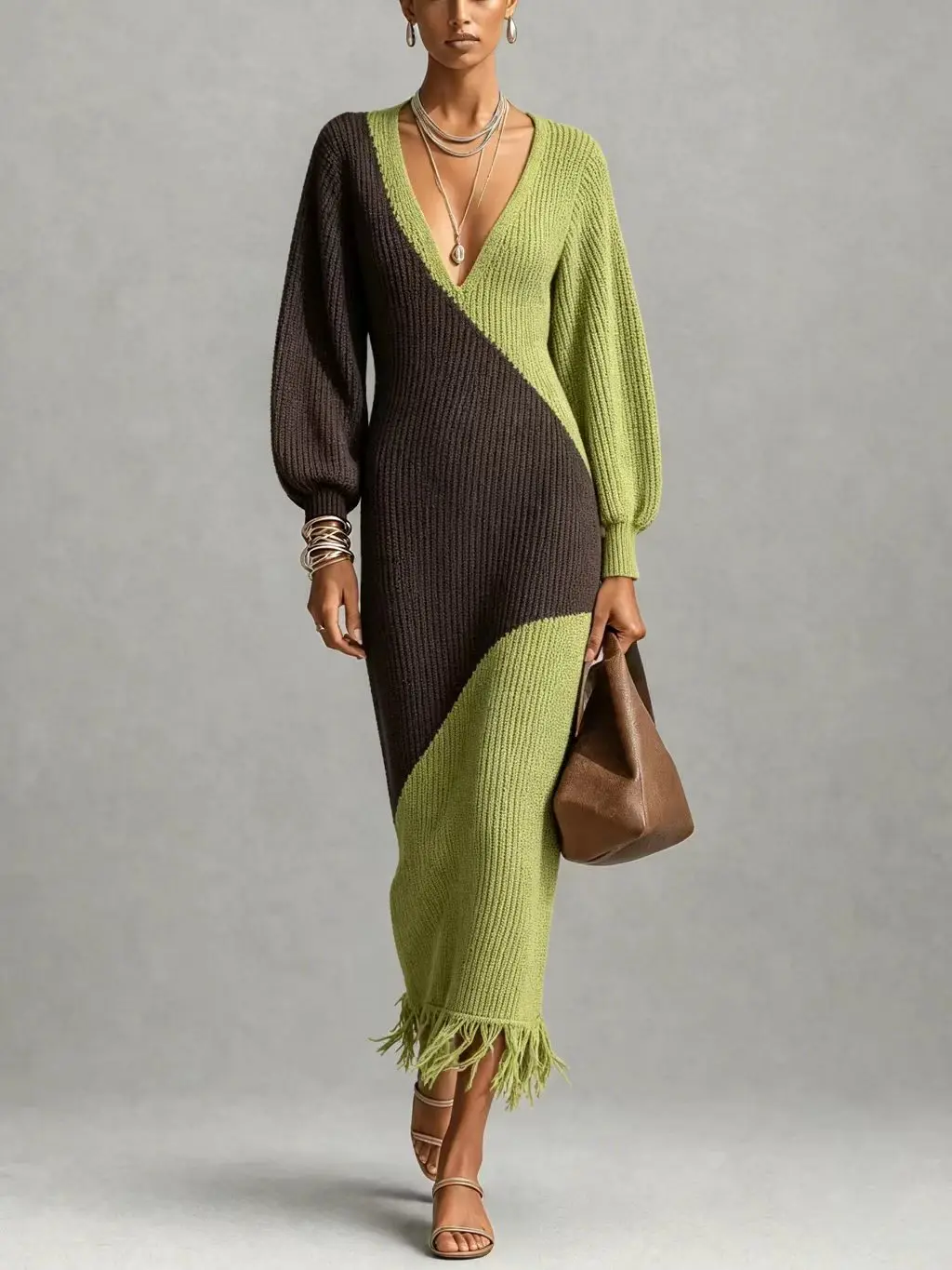 Women Deep V Neck Color Block Knit Maxi Dress Puff Long Sleeve Bodycon Tassel Hem Fall Winter Elegant Lady Knitted Midi Dress