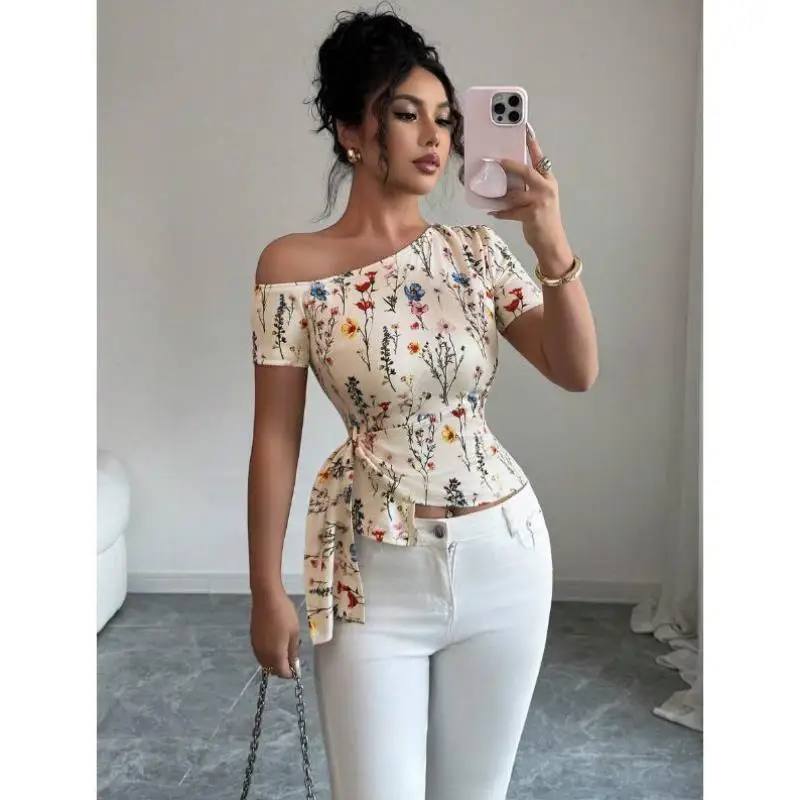 

Ele Floral Print Single oulder Slim Fit Top for Women New Cross-Border Sle Fce Lined Seven-Quarter Sve