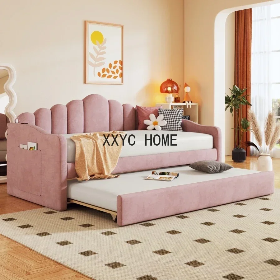 

Двуспальная кровать, мягкая кровать-софа с выдвижным спальным местом, элегантный дизайн, розовый бархатный диван-кровать с USB-портами для зарядки, не требует пружинного основания.