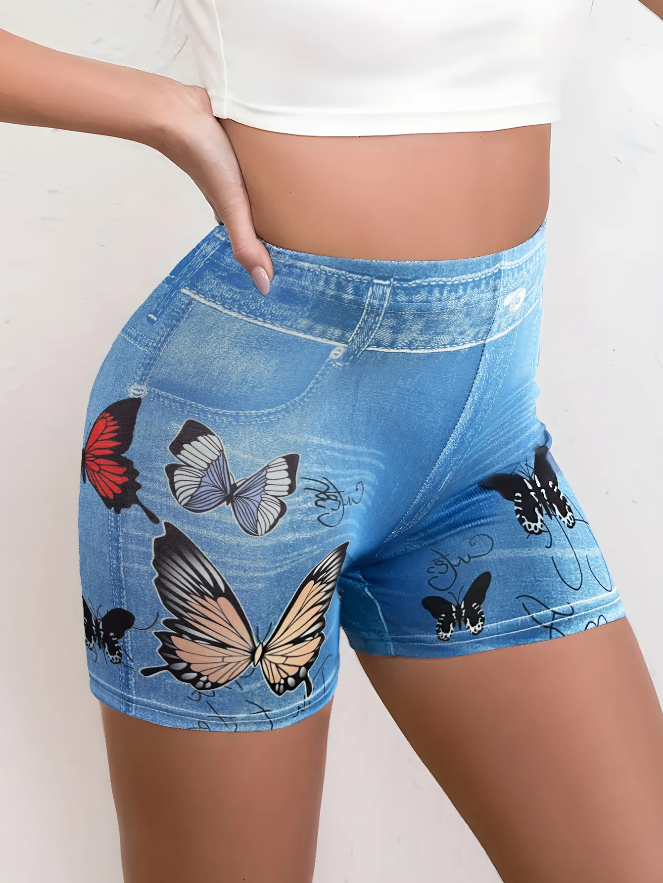 Women's Leggings Butterfly Print Shorts Motion Casual Imitation Denim Slim Fit Women's Leggings Comfortable Elastic Leggings