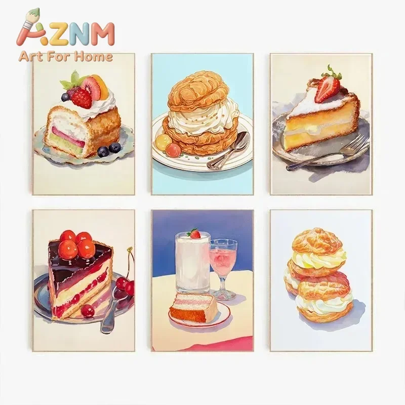 1pc frameless Watercolor French Pastries Berry Strawberry Cake Cream Puff Poster Wall Art Pictures Canvas Painting Room Kitchen
