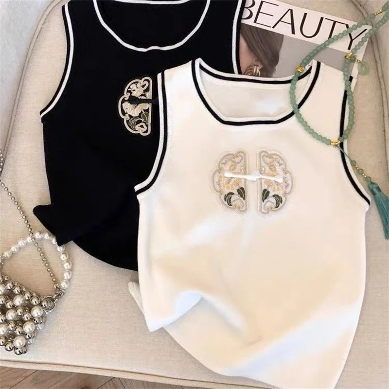 Women Clothing 2024 Summer Chinese Style Embroidery Vintage Contrast Color Tank Tops Casual O Neck Sleeveless Slim Knitted Vest