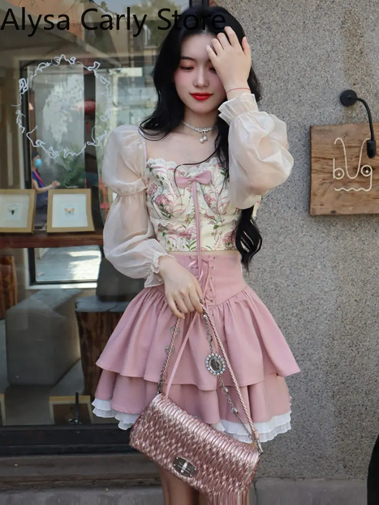 2022 Autumn Sweet Two Piece Set Women Lace Floral Blouse Casual Ruffle Chic Skirt Set Designer Bow Slim Female Cute Party Sets