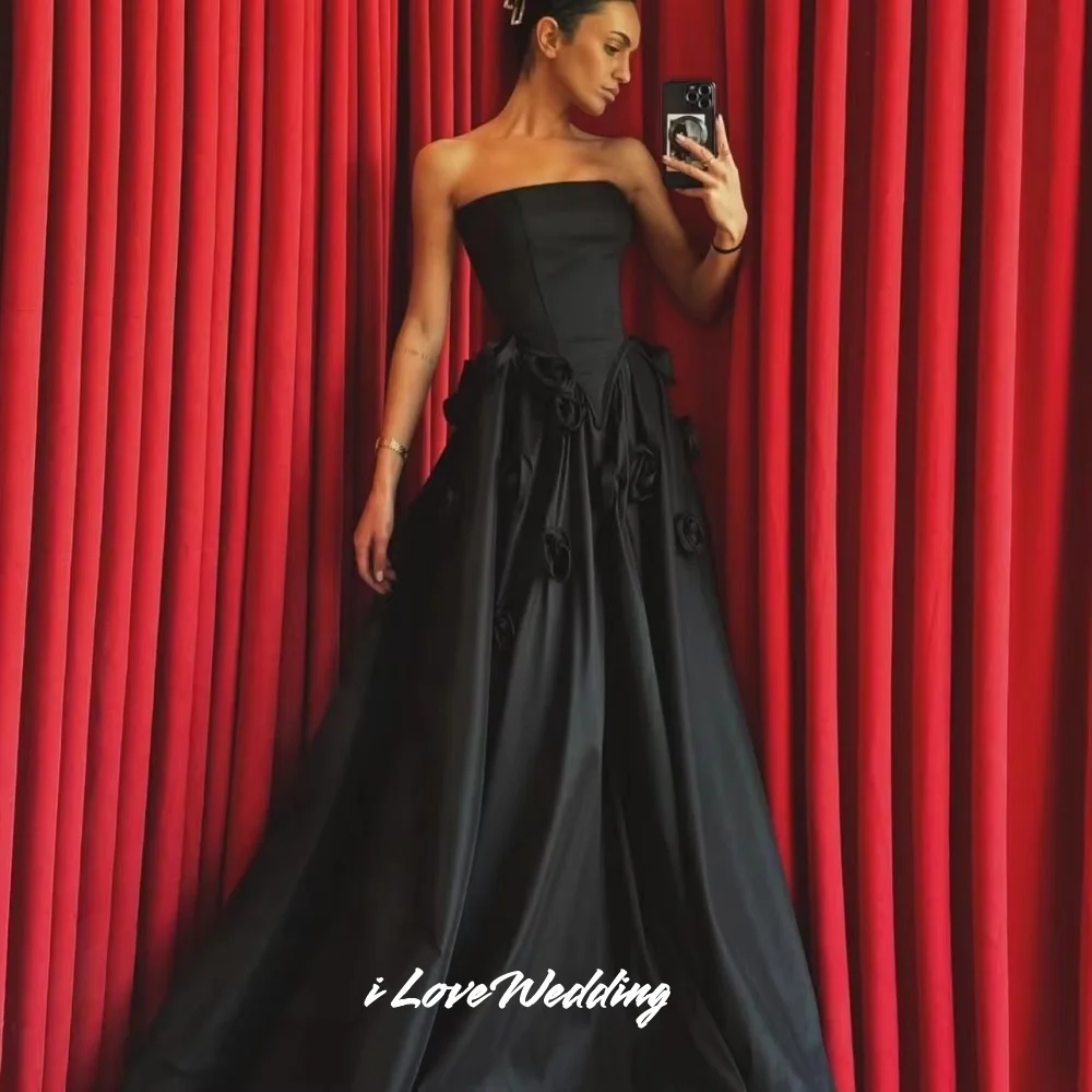 Black Strapless Prom Dress 2025 Satin Sleeveless Backless A-Line 3D Flower Pleated Floor-Length Wedding Party Dresses Customized