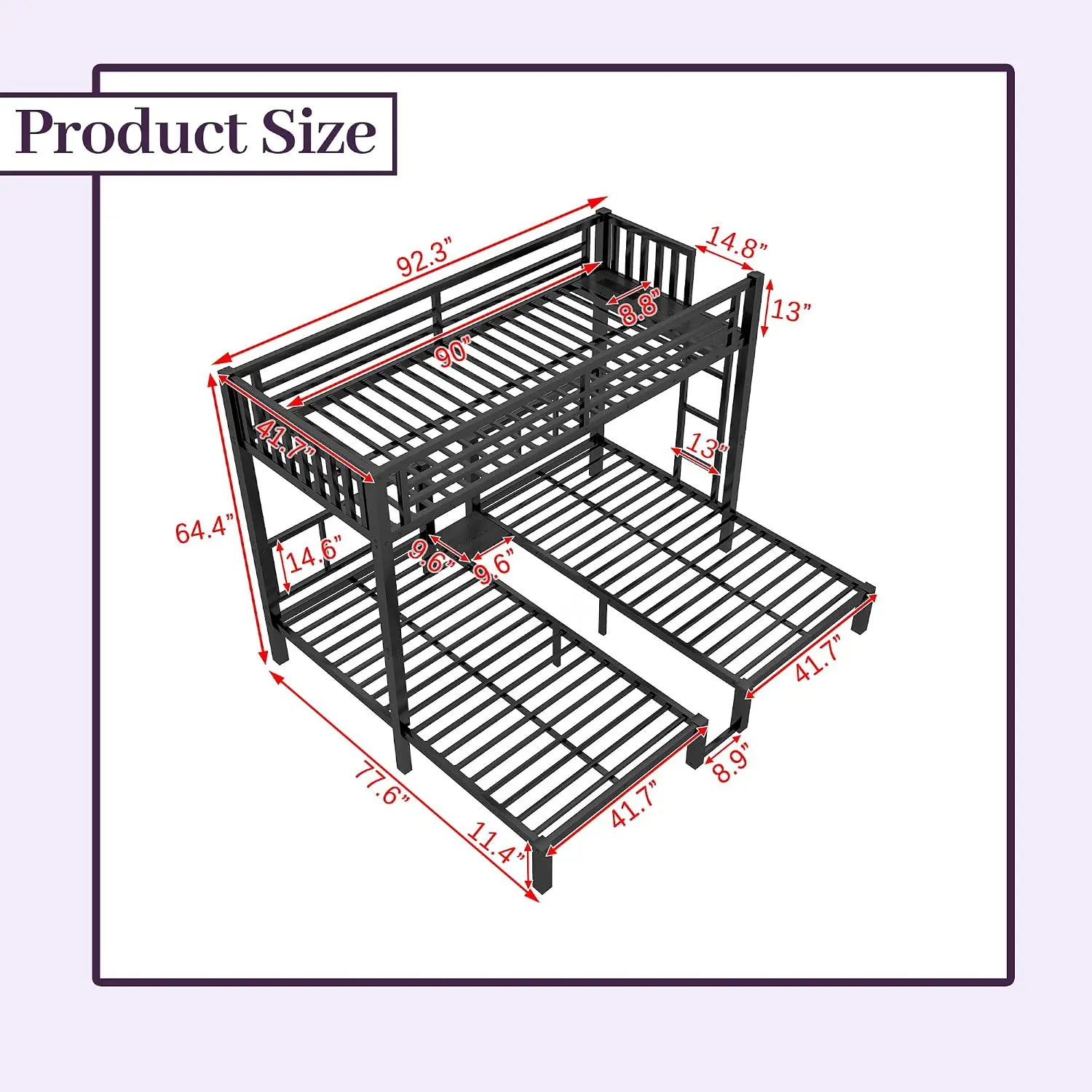 Metal Triple Bunk Bed with LED, USB Charging Station, Guardrails & Ladder, Heavy Duty Frame for Kids, Customized