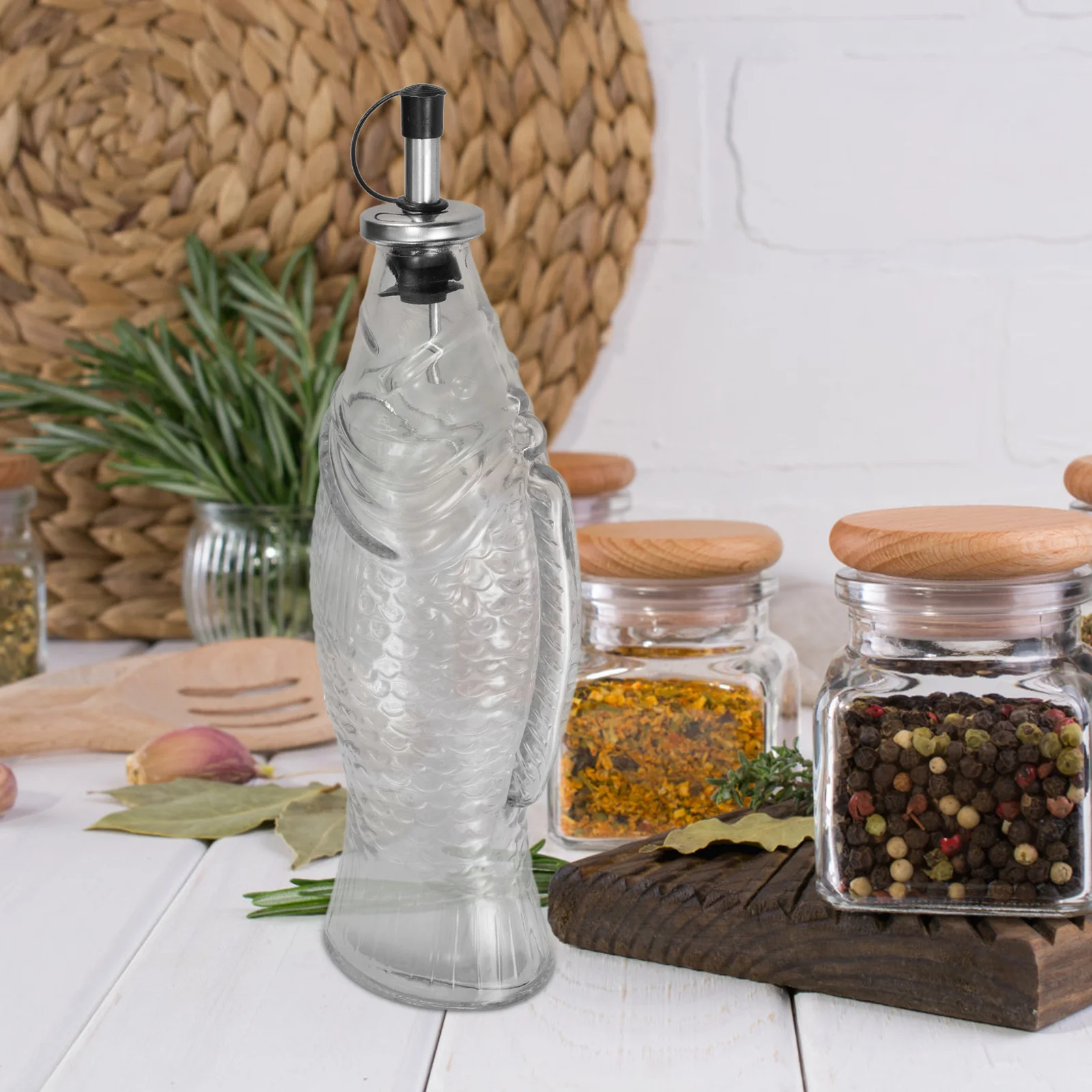 

Fish Shaped Glass Oil Dispenser Bottle Kitchen Cooking Vinegar Container Leakproof Transparent Pitcher Oil Dispenser Bottle