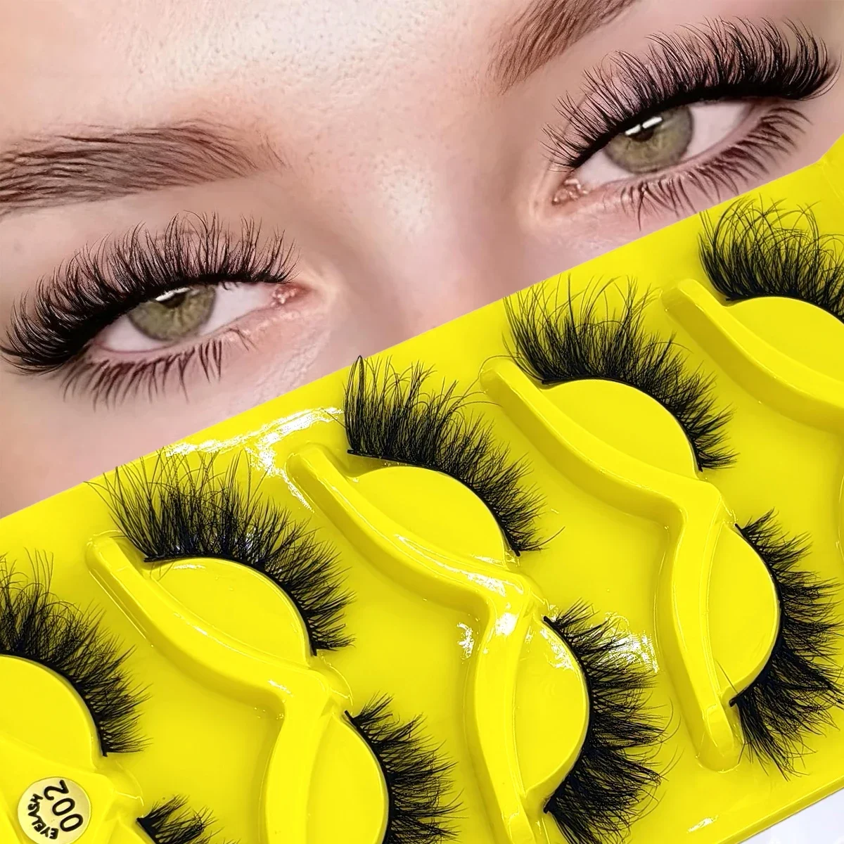 AMSDCN 5 Pairs Fake Lashes Fluffy Cat Eye Lashes Manga Fluffy Volume False Eyelashes Dramatic Thick Full Strip Faux Mink Lashes