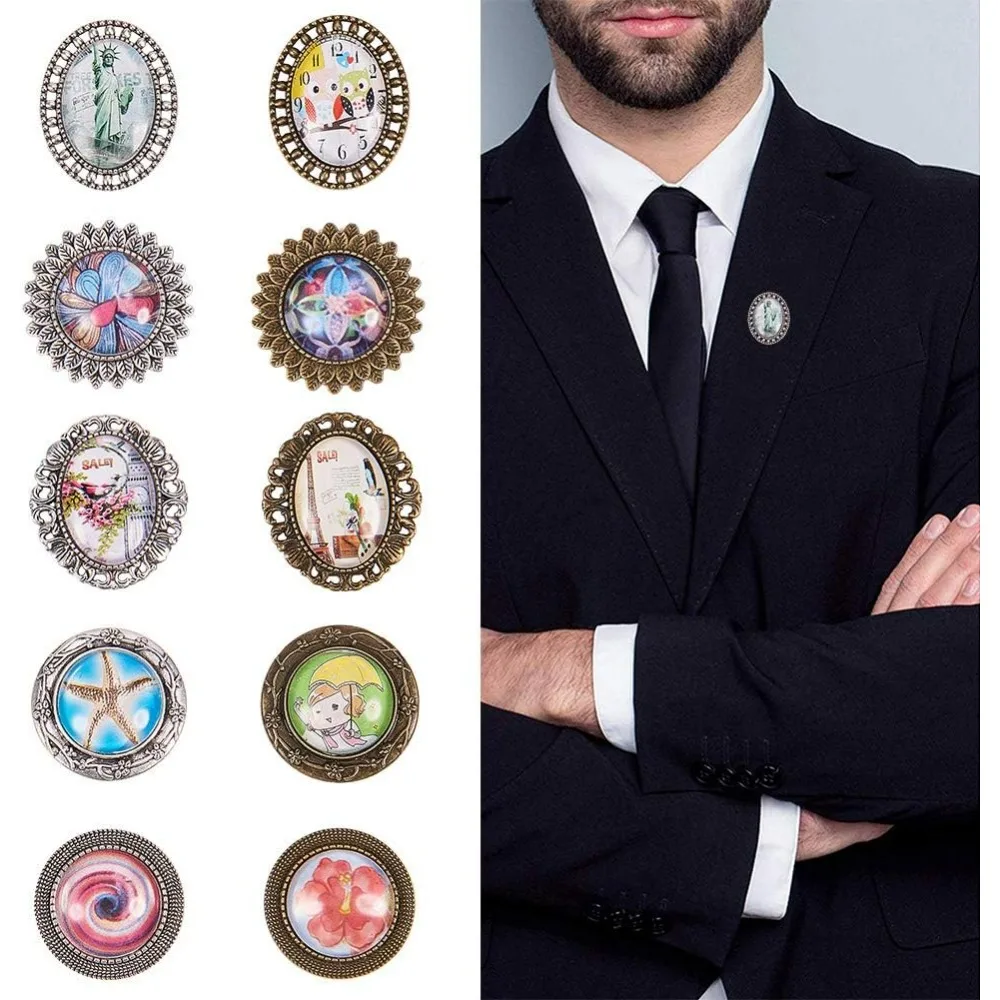 DIY 10PCS Groom Picture Lapel Pins Wedding Boutonniere Funeral Rial Pin Brooch Photo Charms Kit Include Oval Round Pendant Trays