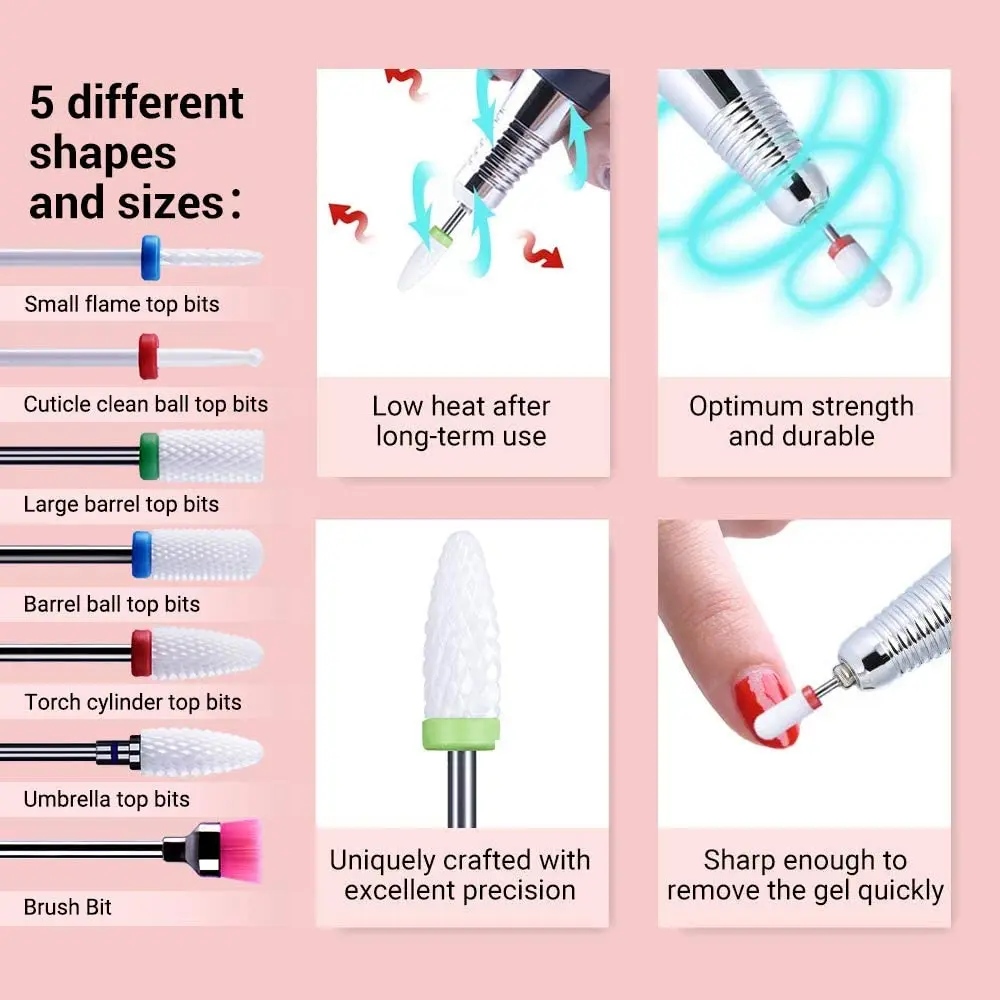 7 szt./zestaw frezów ceramicznych do manicure, zestaw wierteł do paznokci do usuwania żelu i polerowania.