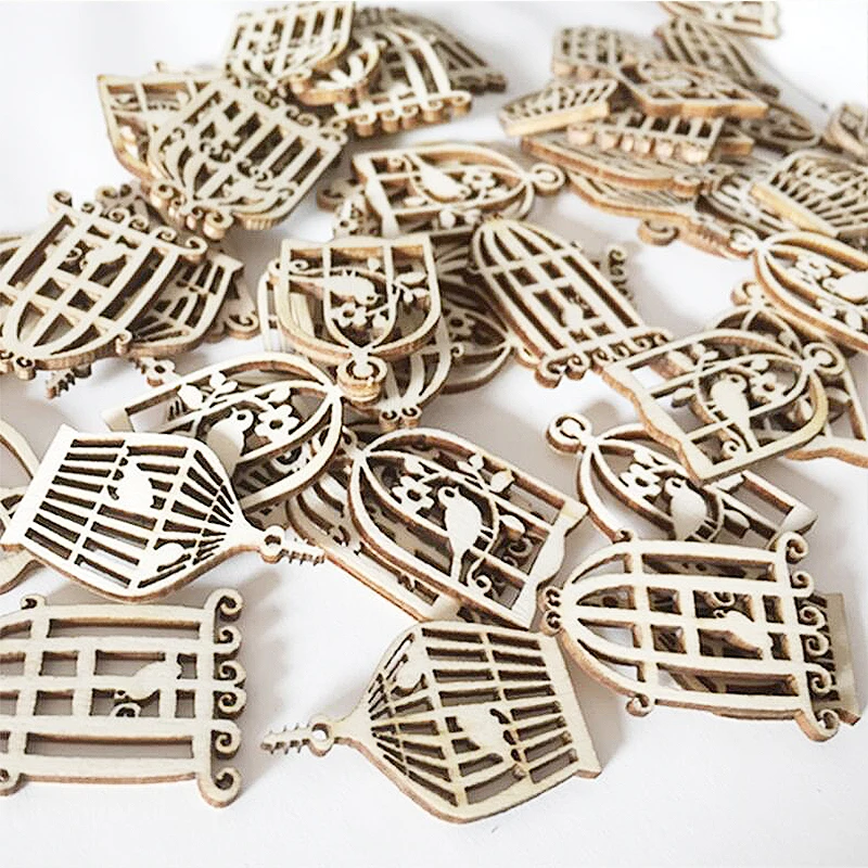 YX1155 10pcs Vintage bird cage Wood Laser Cut Out Natural Wood Pieces Children Handmade Scrapbooking DIY Party Wedding Decor