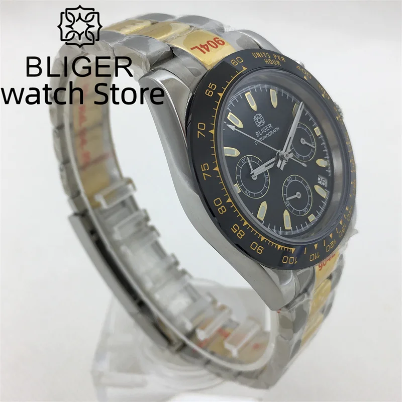 BLIGER 39mm quartz chronograph VK63 Movement Sapphire Glass Men's Watch Calendar Oyster strap Three-eye dial Green luminous