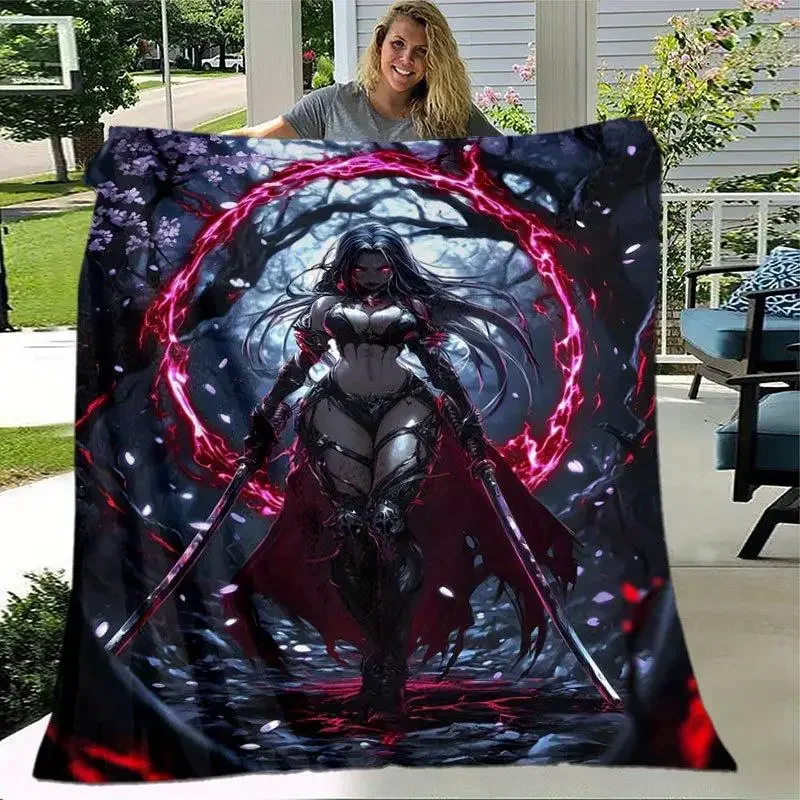 Dark Gothic-style female warrior pattern Flannel printed blanket suitable for all seasons for living room office sofa and travel