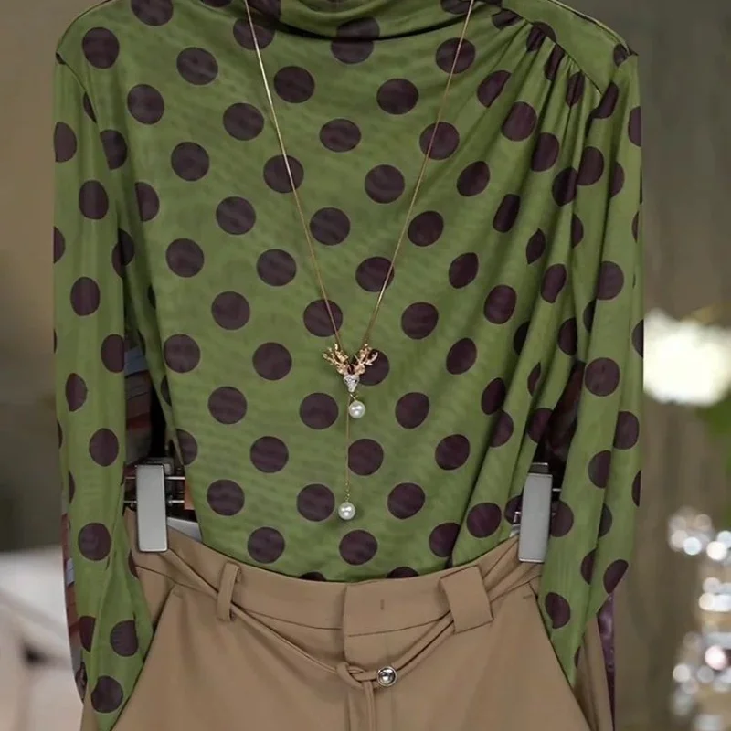 Womens Long Sleeve Green Polka Dot Tee Shirt High Neck Drape Top for Casual Office Wear Spring Summer Outfit