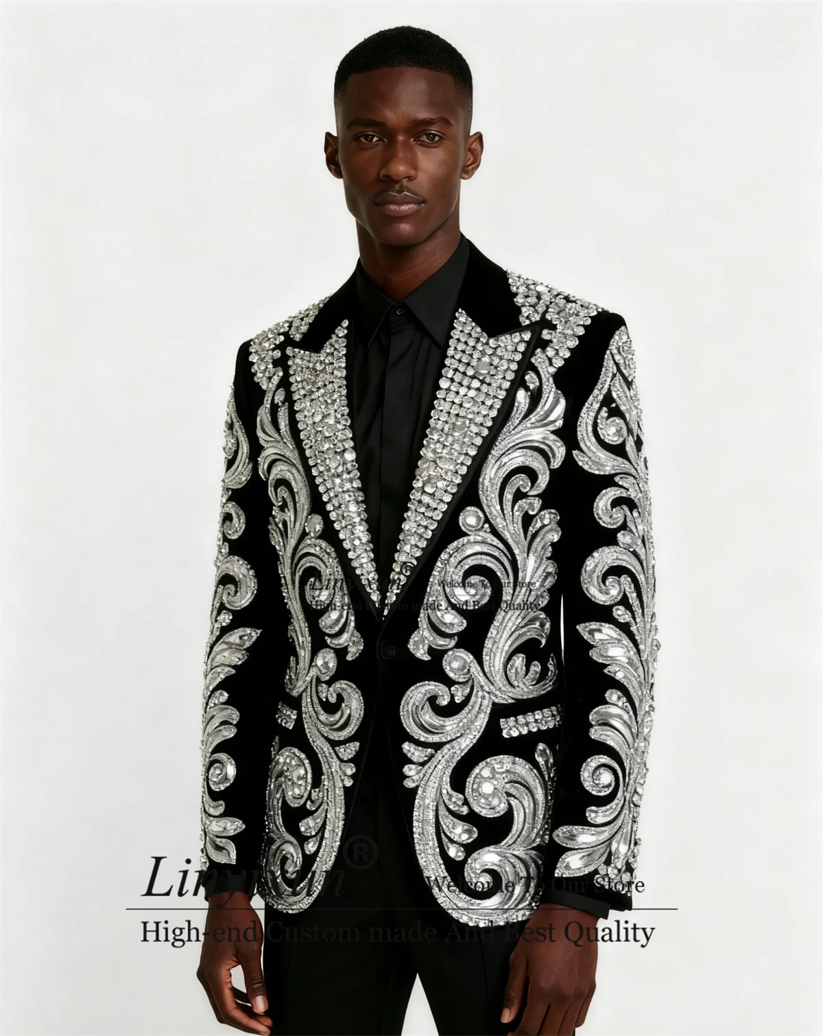 

Handsome 2 Pieces Sets Men Suits Groom Slim Fit Male Blazers High End Crystals Diamond Wedding Tuxedos Customized Ropa hombre