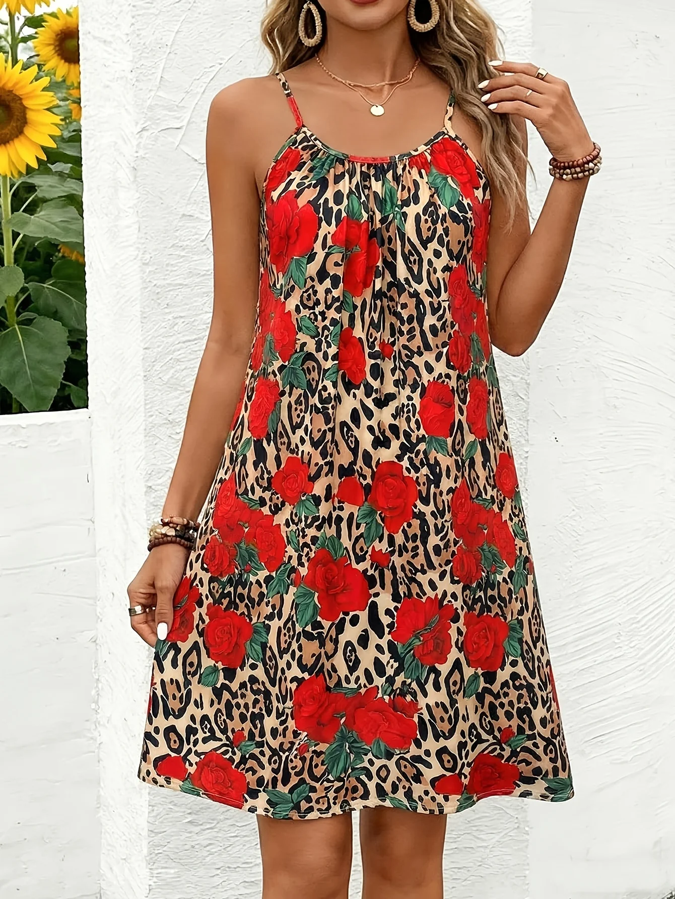 Women Leopard Print Red Rose Floral Mix Spaghetti Strap Mini Dress, Round Neck Loose A Line Casual Sundress,Beach Short Dress