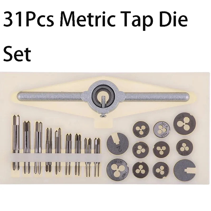 31Pcs Metric Tap Die Set M1-M2.5 Metric Tap and Die Screw Thread Plugs Taps HSS Steel Hand Screw Tap Die Wrench Set Hand Tools