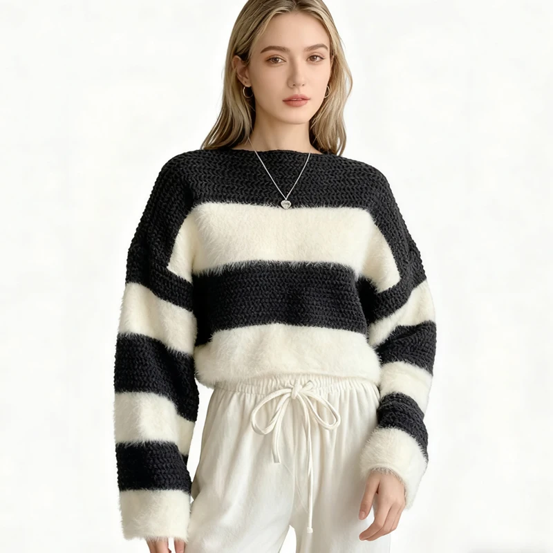 

Корейский полосатый короткий свитер, осенняя милая трикотажная рубашка с рукавами-фонариками, повседневный свободный укороченный пуловер, топы, элегантный мягкий трикотаж