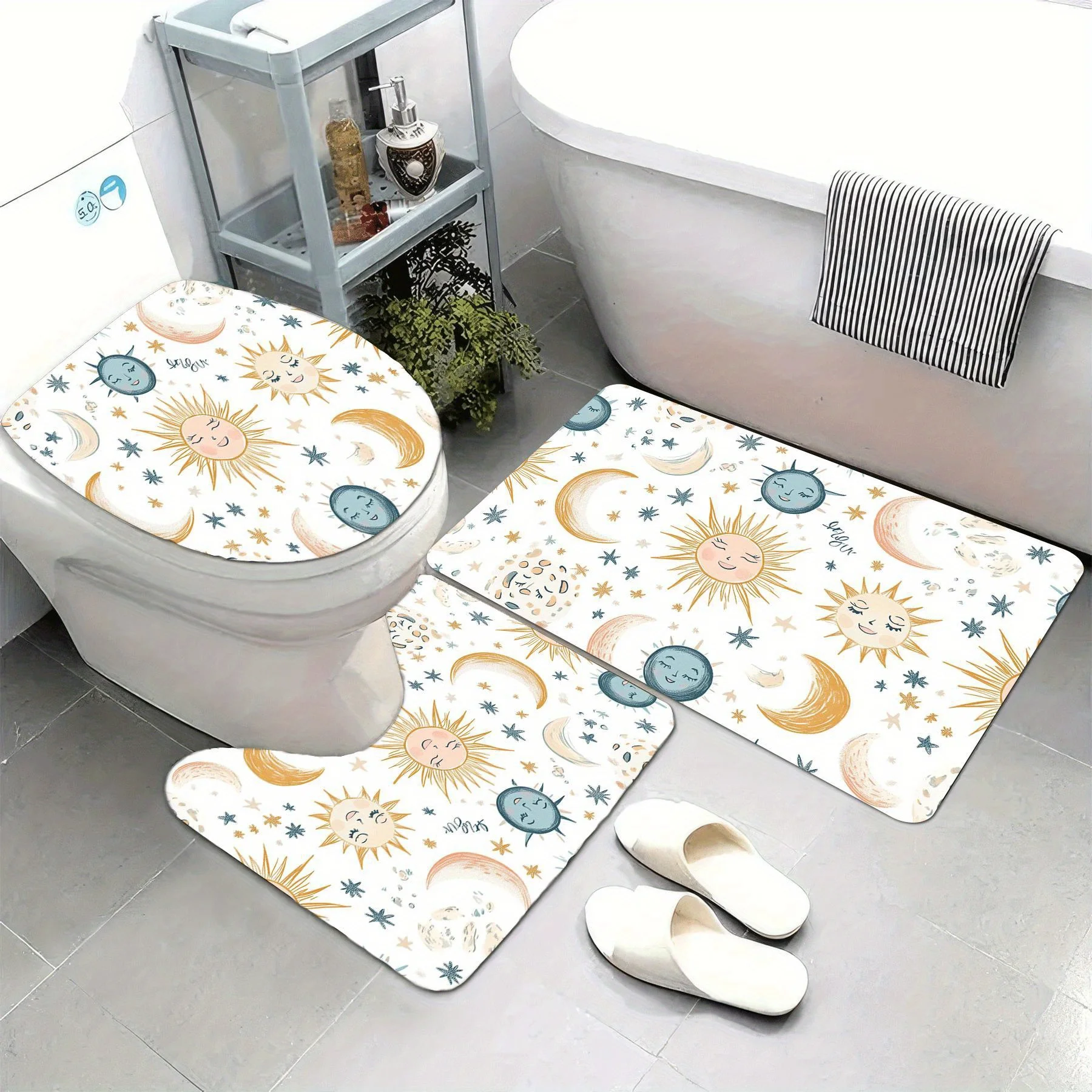 

3pcs Soft & Absorbent Plush Bath Mats Non-Slip, Washable, Comfortable, Whimsical Celestial Smiling Suns And Moons Pattern Bath