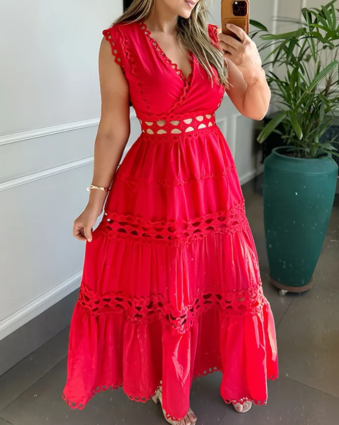 Neue Mode 2025, Sommer, sexy, elegant, Spitzenbesatz, V-Ausschnitt, aushöhlen, ärmelloses Kleid, lässige Taille, A-Linie, ausgestelltes Maxikleid für Damen