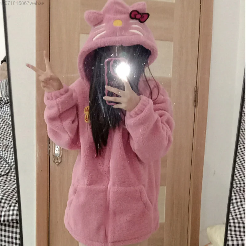 Sanrio Hello Kitty Embroidery Hooded Cotton Lamb Fleece Coat Y2k Women Zipper Trend Jacket Women Winter Thick Warm Clothes