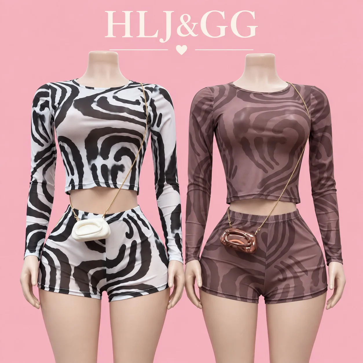 HLJ&GG Trend Stripe Two Piece Sets Mesh See Though Women O Neck Long Sleeve Crop Top And Shorts Outfits Sexy 2pcs Streetwear