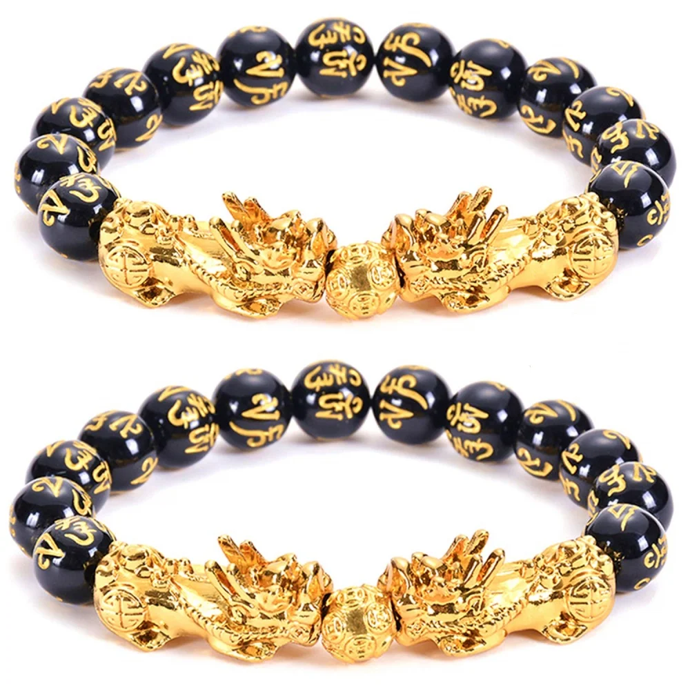 Feng Shui Amulet Bracelet Prosperity 12mm Mantra Bead Bracelet Double Gold Plated Pi Xiu/Pi Yao Attract Lucky and Wealthy Bangle