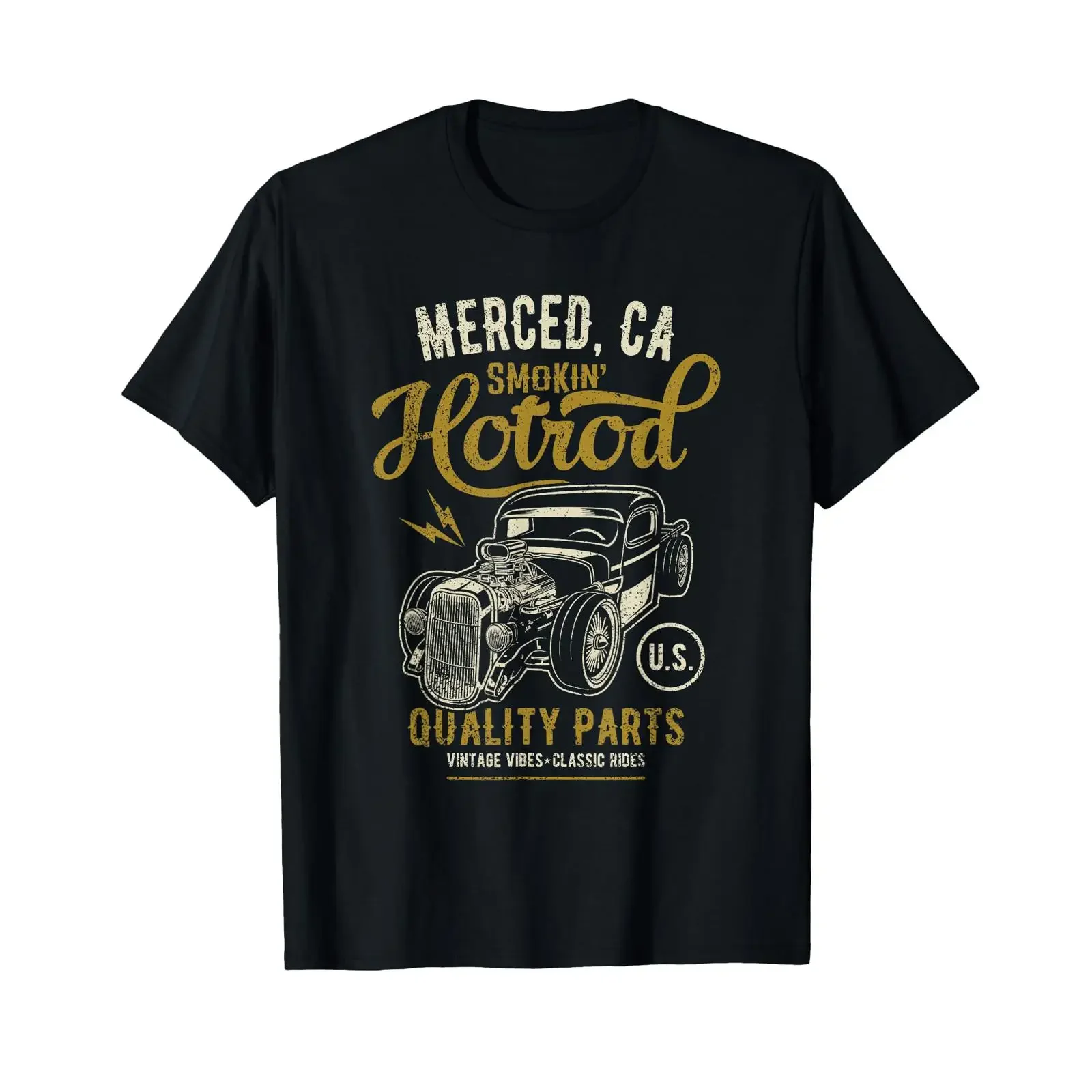 Merced California Retro Hotrod Car Distressed T Shirt black vintage Washed Comfortable Casual Breathable Soft